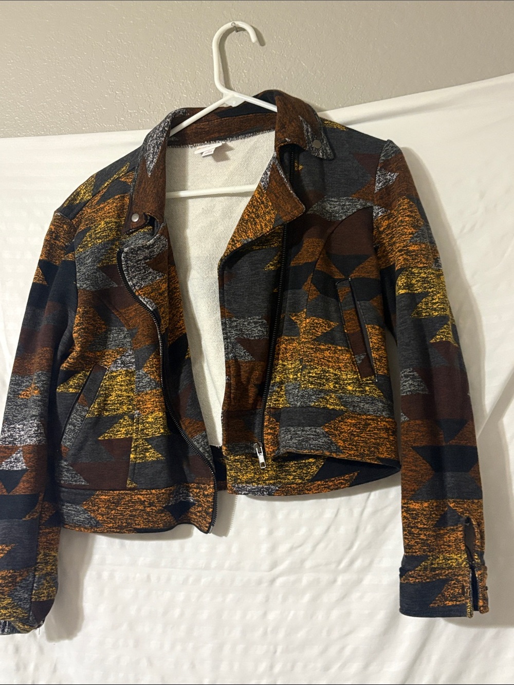 LuLaRoe Geometric Moto Jacket in Brown, Yellow & Gray